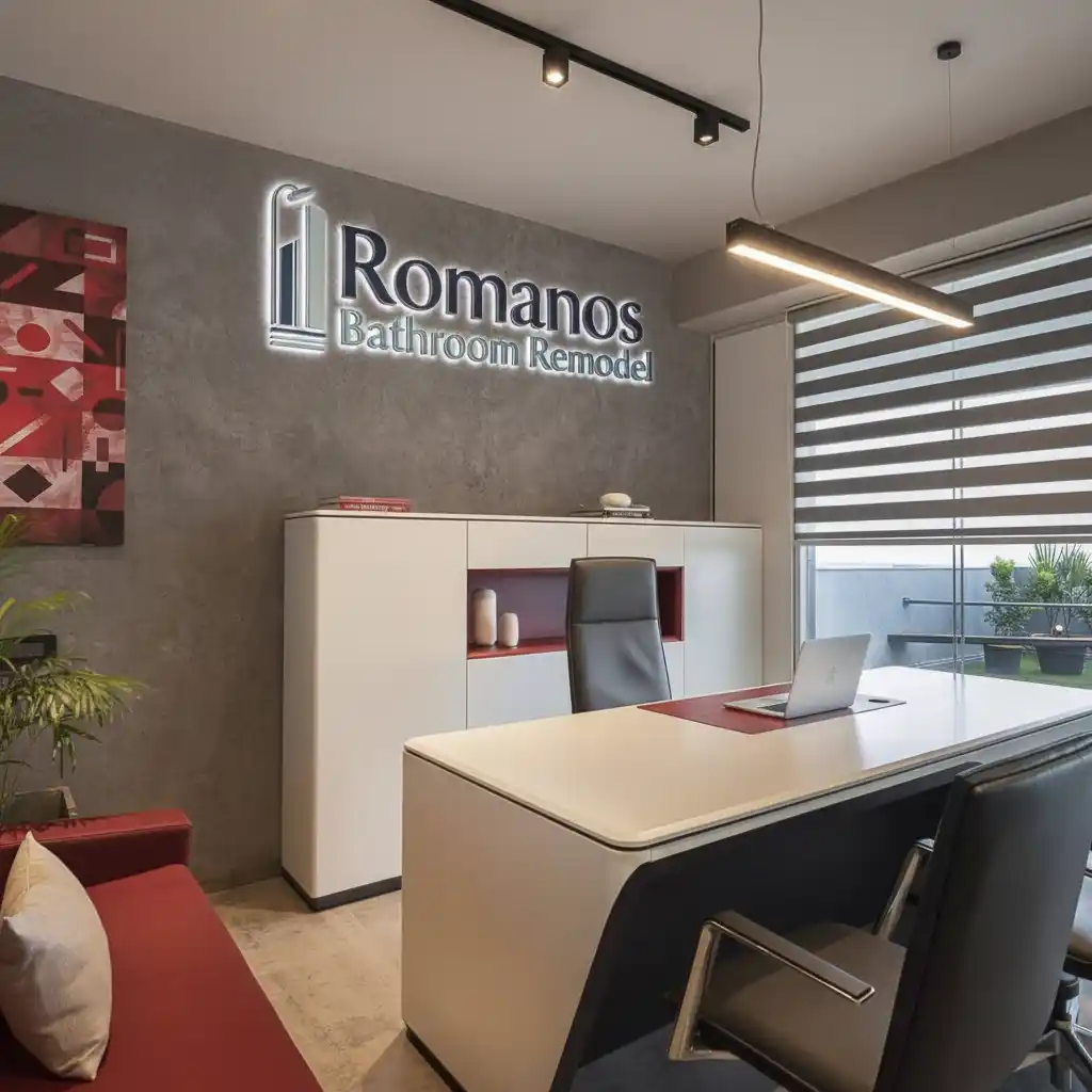 Romanos Bathroom Remodel office interior with company name and logo on wall